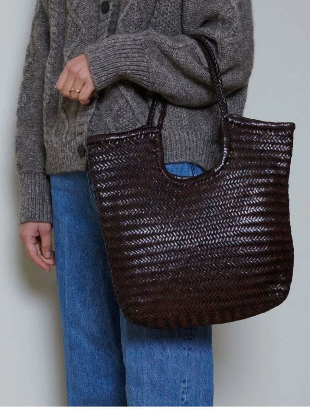 Woven Cowhide Leather Tote Bag in Dark Brown